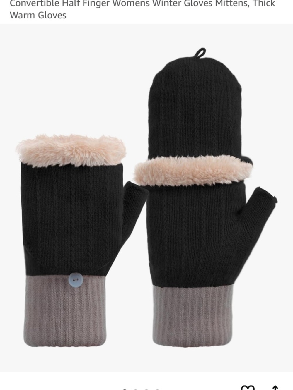 Convertible Knit Winter Fingerless Mittens with Faux Fur Trim - Black & Taupe